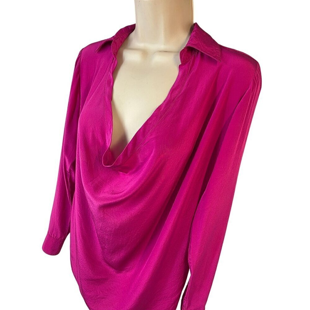 Karina Grimaldi Silk Blouse Sz XS Fuchsia Cowl Neck Long Sleeve Collared Top
